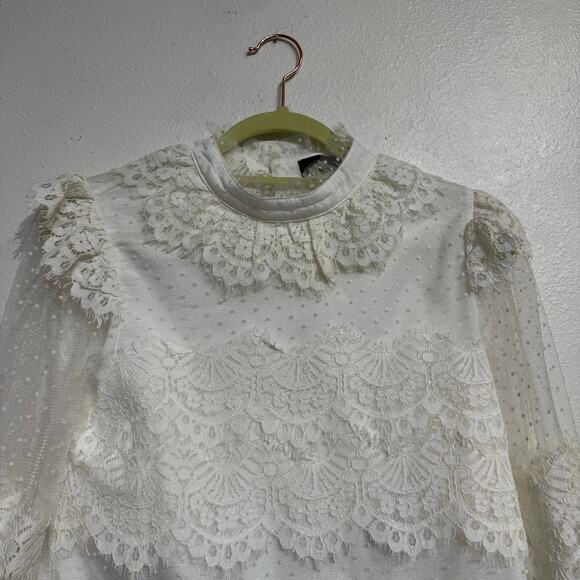 On Twelfth White Lace Long Sheer Sleeve Blouse Sz S - Picture 2 of 10